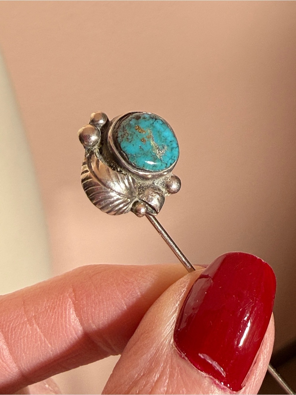 Old pawn Native American Signed W sterling silver Turquoise Stick Pin Brooch